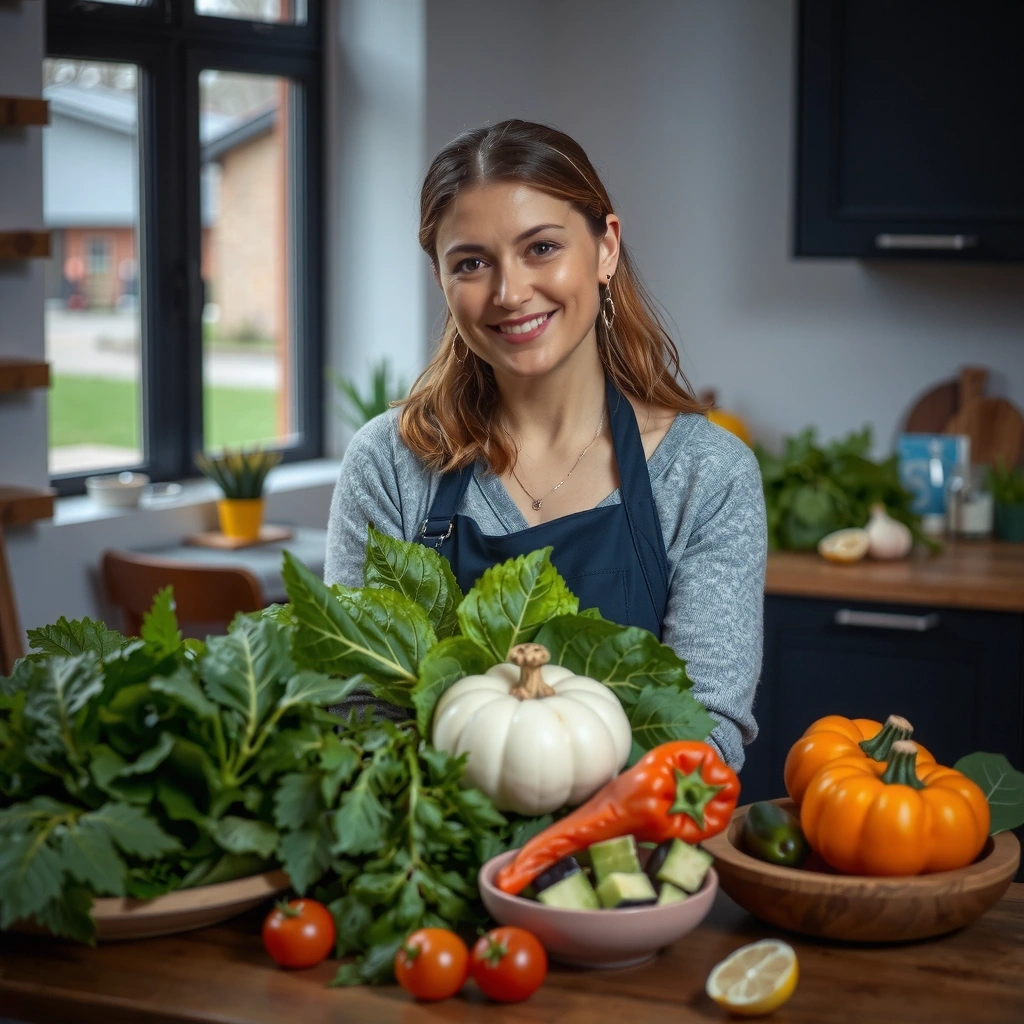 Ernährungsberaterin in der Küche mit frischen Zutaten